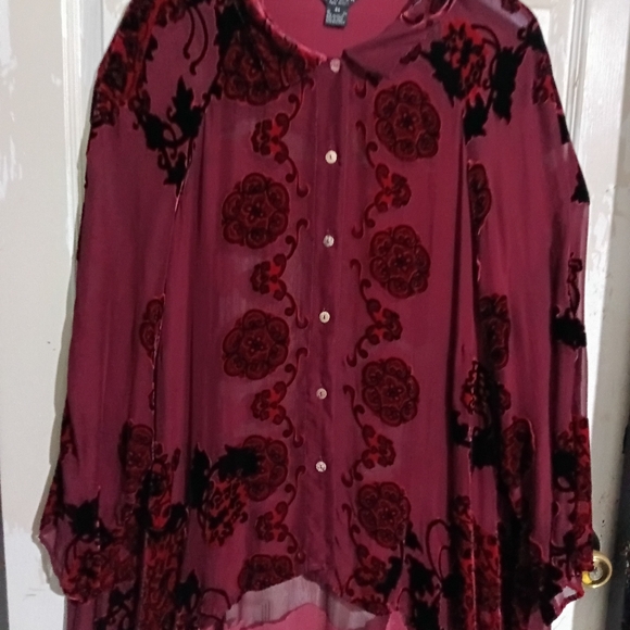 Citron Sz. 4X Rayon & Silk Mix Burgundy Velvet Burnout Button Down Tunic Blouse - Picture 10 of 16